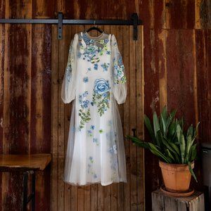 Monique Lhuillier Spring 2022 RTW Jewel Neck Puff Sleeve Embroidered Gown